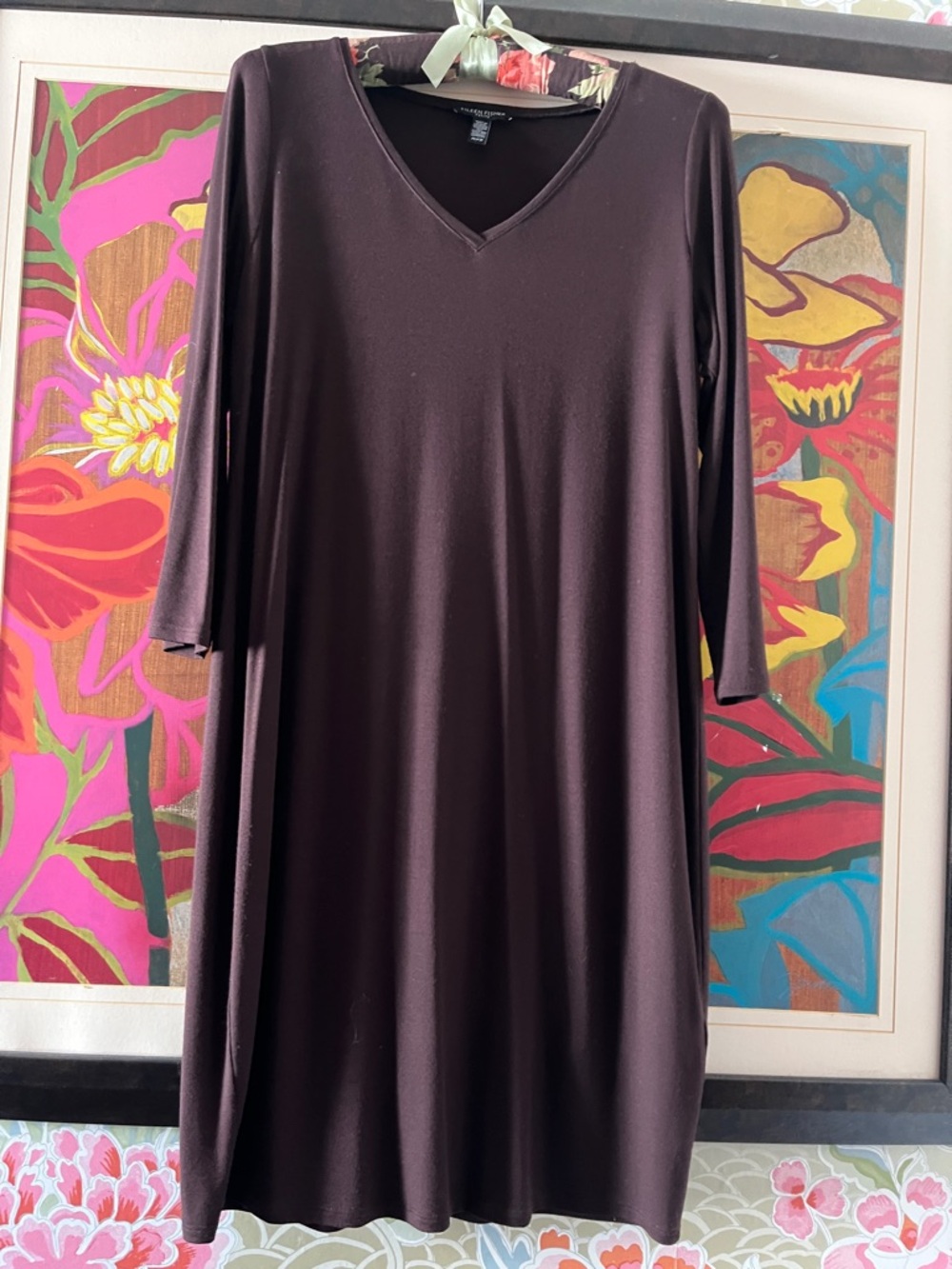 Eileen Fisher Women’s Petite V-Neck Long Sleeve Dress in Deep Brown/ Burgundy